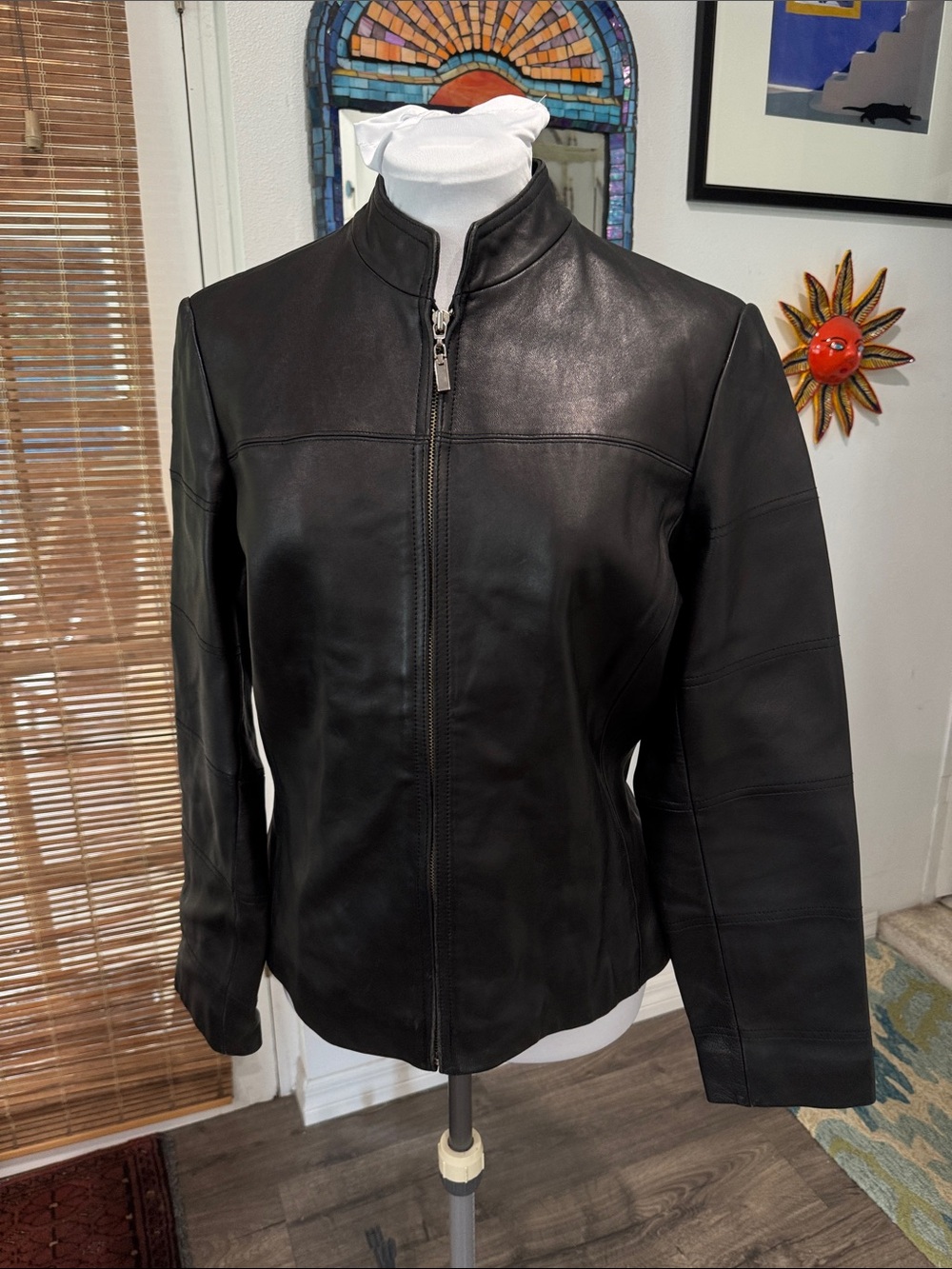 Merona Black Leather Stand-Collar Zip Jacket